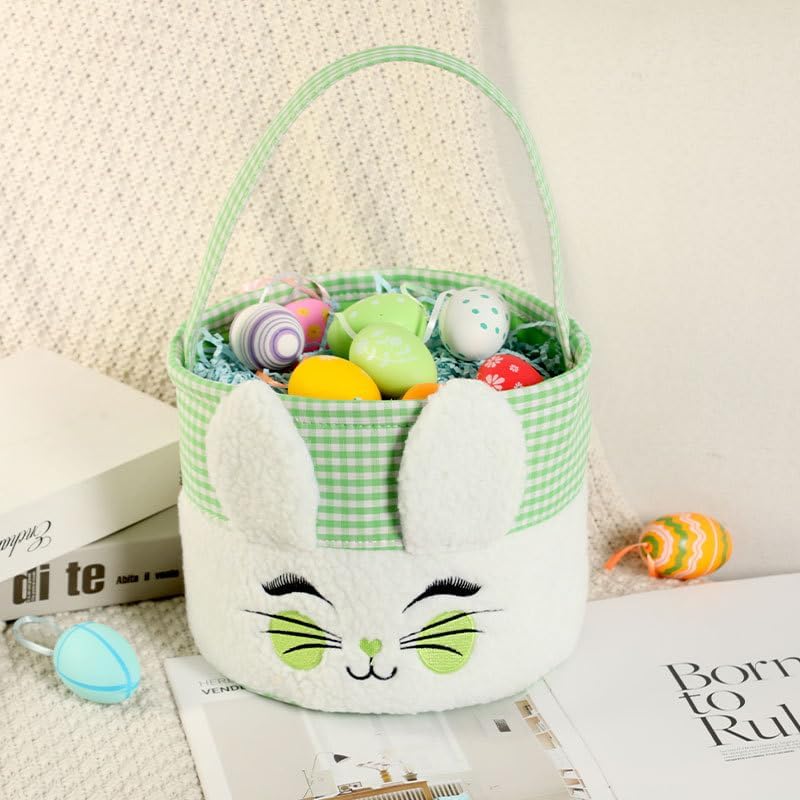 Irisbell Easter Bunny BasketCute Plush Easter Bucket with Handle for Easter Party Egg Hunts Decorations Candy Gifts Storage Green - Image 2