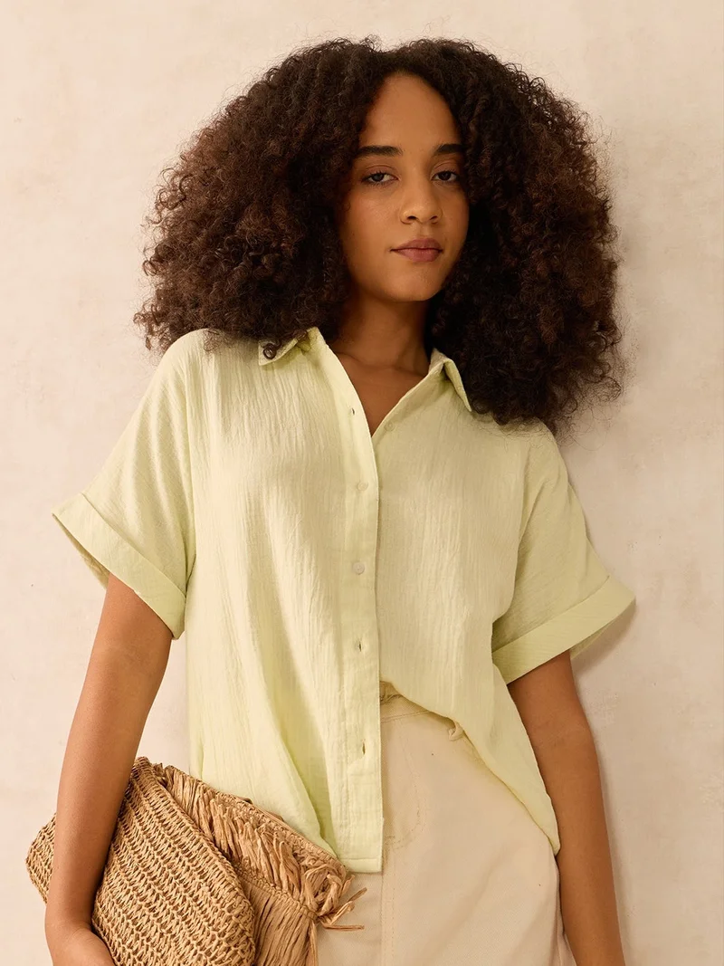 Outzidr Yellow Yellow Relaxed Fit Button Down Shirt for Women | Best Price UAE