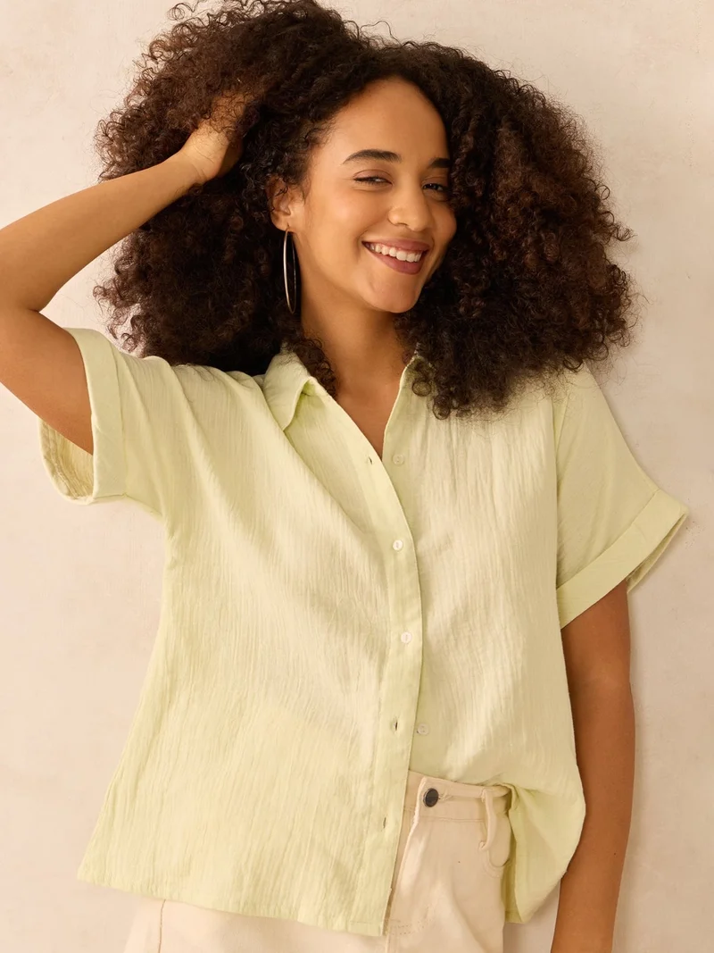 Outzidr Yellow Yellow Relaxed Fit Button Down Shirt for Women | Best Price UAE