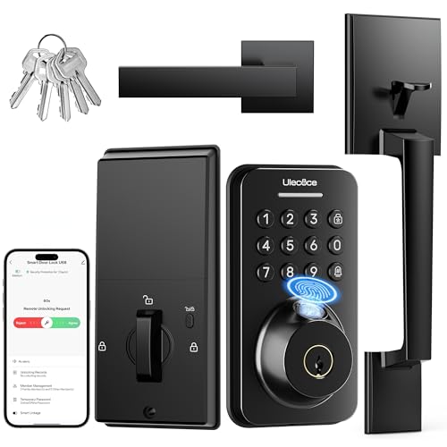 Ulecoce Fingerprint Keypad Deadbolt with Handle Set, Keyless Entry Door Lock, Door Locks for Front Door Lock Set, App Control, Auto Locking, Easy to Install, Matte Black - Image 2