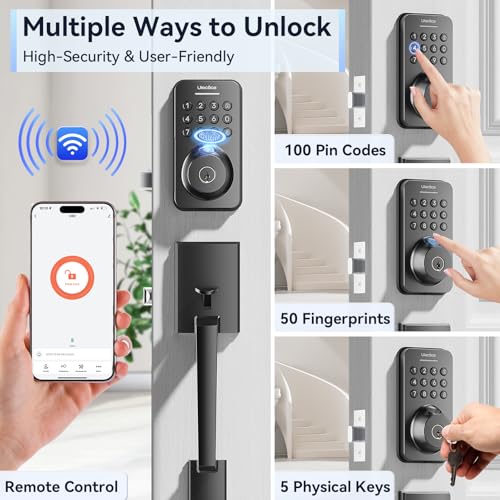 Ulecoce Fingerprint Keypad Deadbolt with Handle Set, Keyless Entry Door Lock, Door Locks for Front Door Lock Set, App Control, Auto Locking, Easy to Install, Matte Black - Image 3