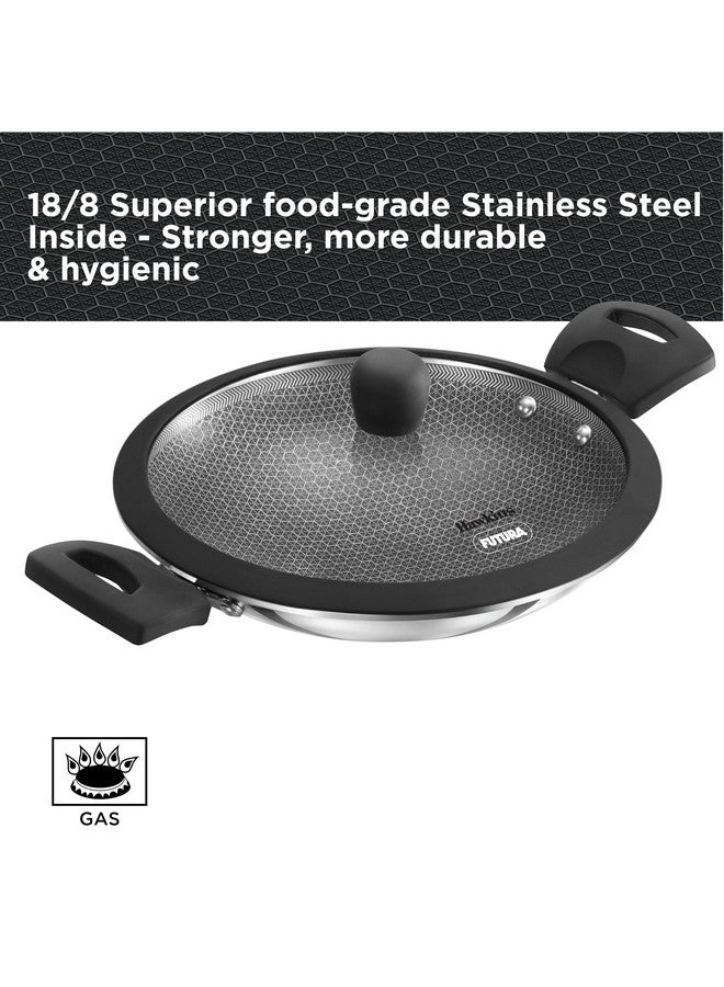 Hawkins 1.25L Breakfast Pan, Nonstick Triply Stainless Steel Appachatty with Glass Lid, Chetty Pan, Appam Patra, Honeycomb Round Bottom Small Kadai, Siler (NSA125G) - Image 2