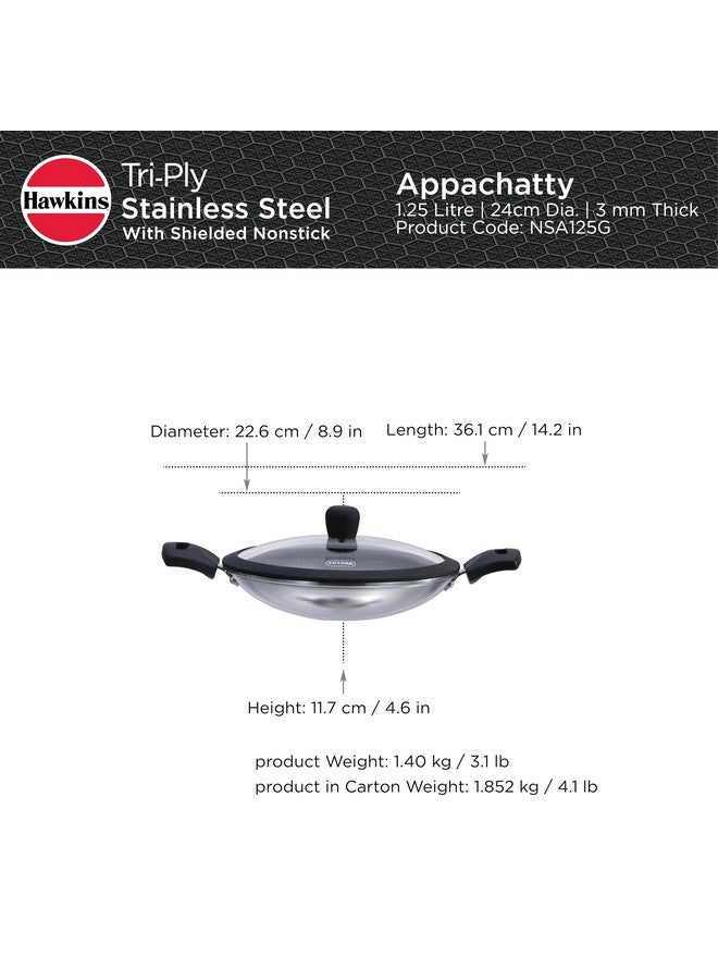 Hawkins 1.25L Breakfast Pan, Nonstick Triply Stainless Steel Appachatty with Glass Lid, Chetty Pan, Appam Patra, Honeycomb Round Bottom Small Kadai, Siler (NSA125G) - Image 5