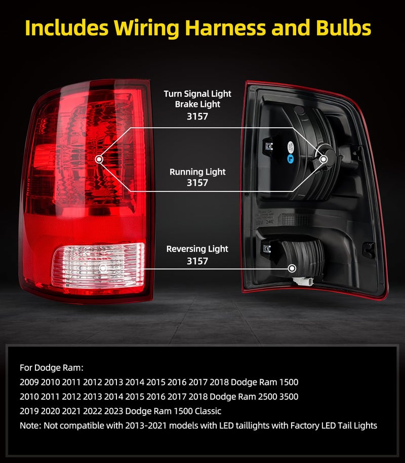 OKLPF Rear Brake Tail Light Compatible With 2009-2018 Dodge Ram 1500 2500 3500 Replace CH2818124 CH2819124,Replace Red Taillight Assembly,Included Bulbs and Harness,Driver and Passenger Side - Image 2