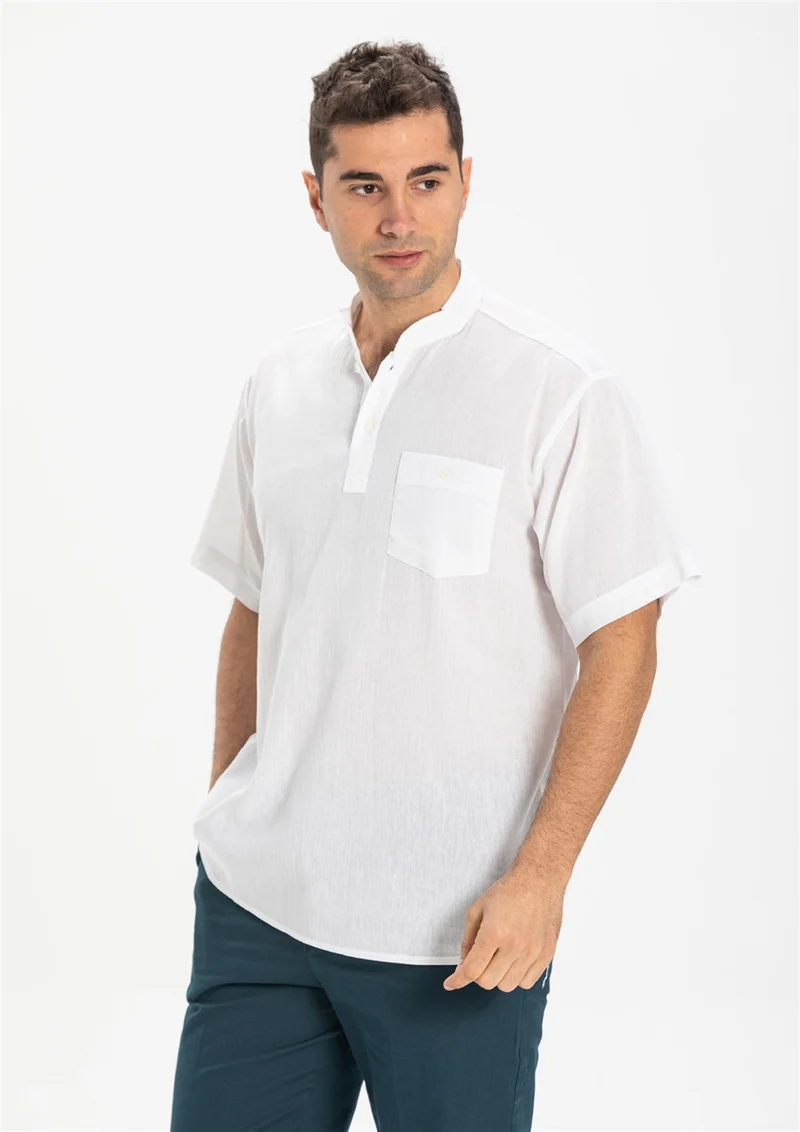 Eliş Şile Bezi Short Sleeve Şile Cloth Single Pocket Judge Collar Men's Tshirt White 3001