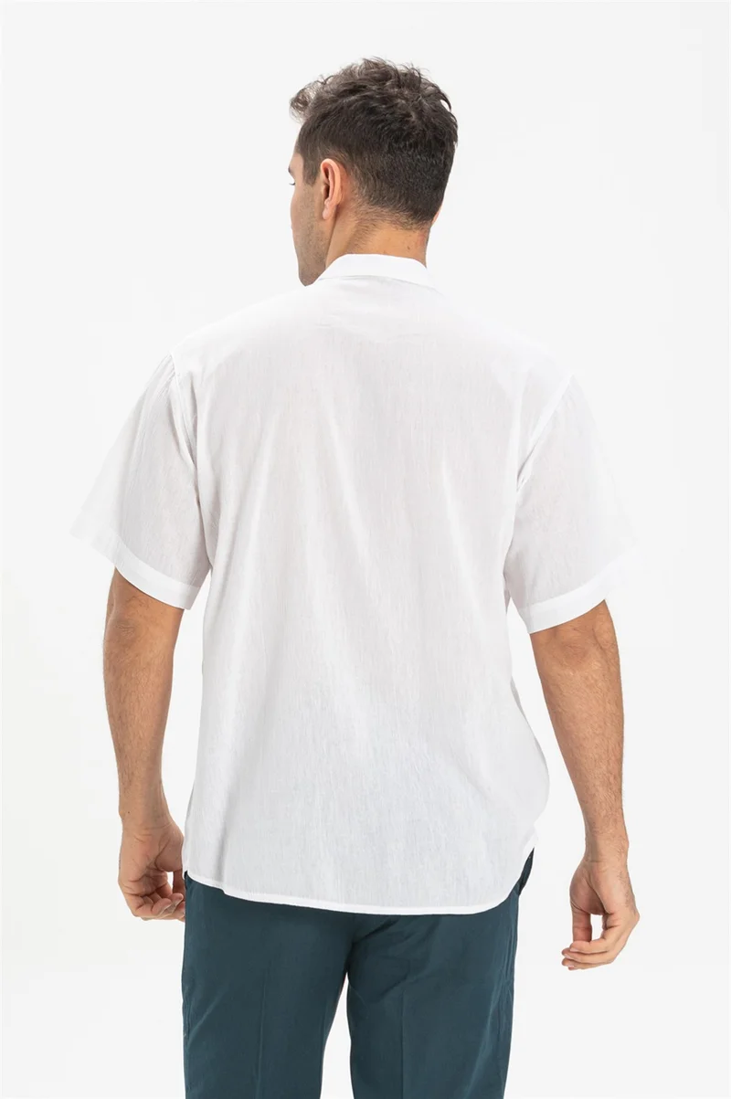 Eliş Şile Bezi Short Sleeve Şile Cloth Single Pocket Judge Collar Men's Tshirt White 3001