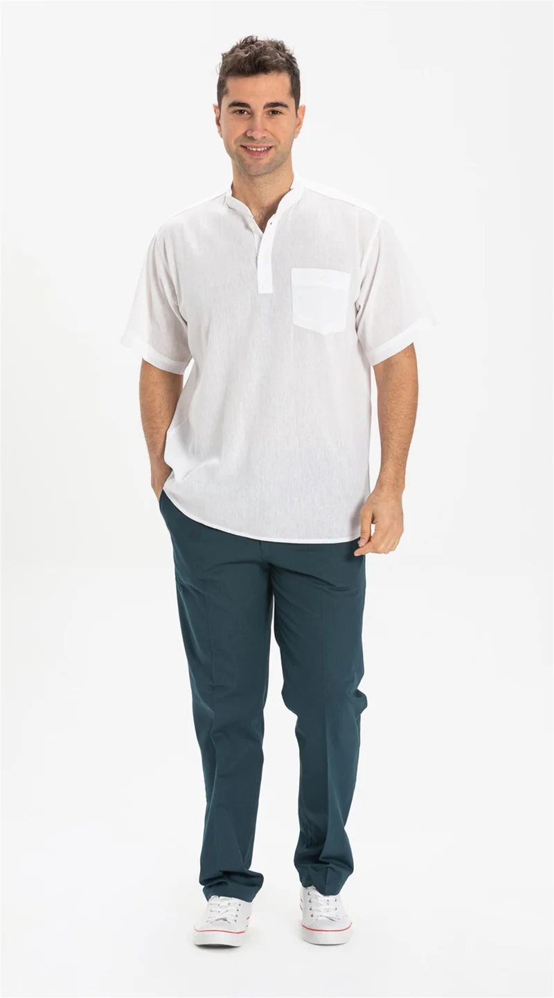 Eliş Şile Bezi Short Sleeve Şile Cloth Single Pocket Judge Collar Men's Tshirt White 3001