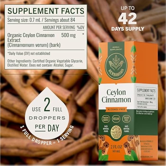 HERBAMAMA Ceylon Cinnamon Supplements – Ceylon Cinnamon Extract Liquid – Metabolic Support with Antioxidant Properties for Healthy Blood Sugar Levels – Non-GMO, Alcohol & Sugar-Free, 42-Day Supply - Image 3