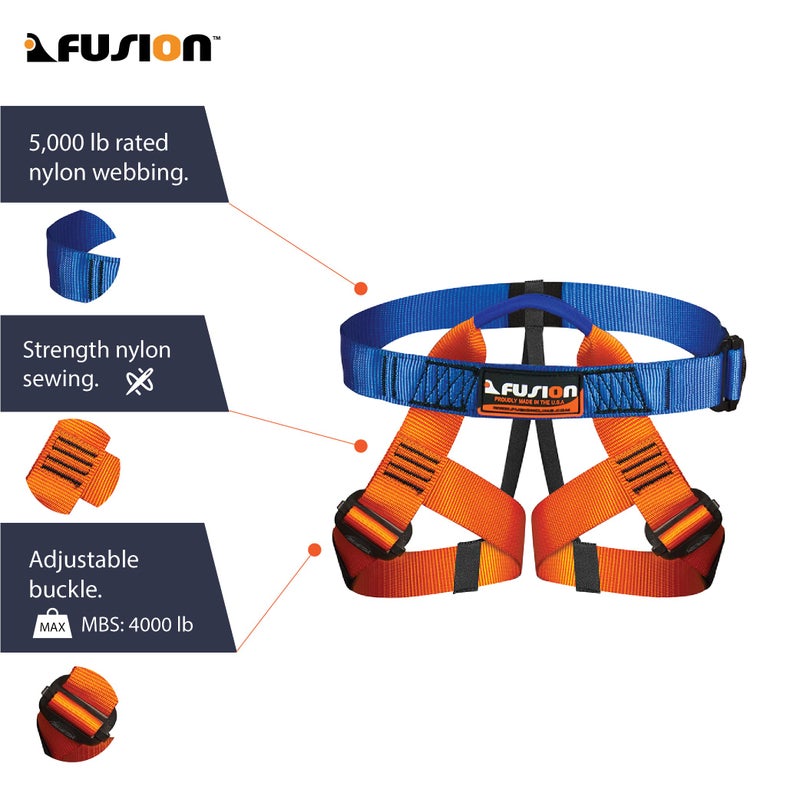 FUSION مجموعة أحزمة خارجية قابلة للتعديل للأطفال - حزام مبطن مع حلقات للساق لمغامرات الأشجار، ولعب العقبات الداخلية وتثبيت المعدات - أزرق/برتقالي - Image 2
