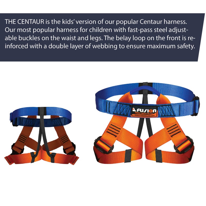 FUSION مجموعة أحزمة خارجية قابلة للتعديل للأطفال - حزام مبطن مع حلقات للساق لمغامرات الأشجار، ولعب العقبات الداخلية وتثبيت المعدات - أزرق/برتقالي - Image 3