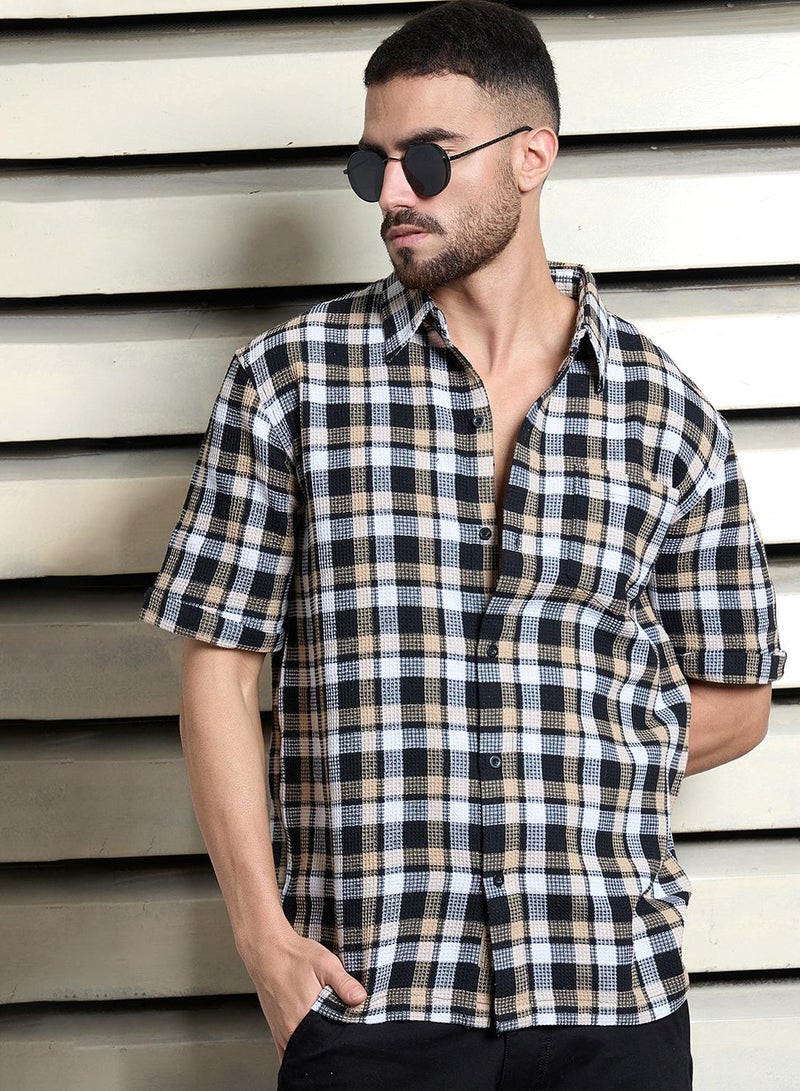 HIGH STAR Men's Multicolour Cotton Blend Checkered Button Down Relaxed Shirt  - Image 1