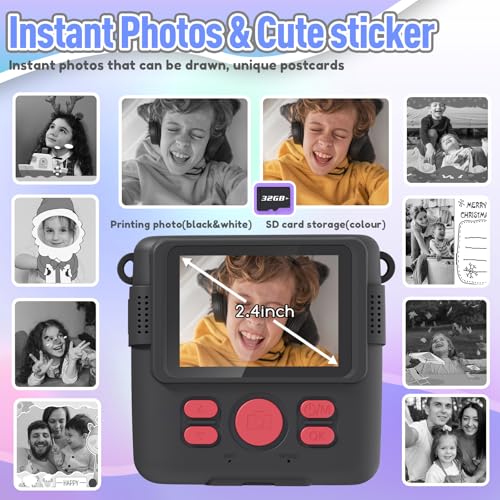 ESOXOFFORE Kids Camera Instant Print, Christmas Birthday Gifts for Kids Age 3-12, Selfie Digital Camera with 1080P Videos,Toddler Portable Travel Cameras Toy for 4 5 6 7 8 9 Year Old Boys Black - Image 3