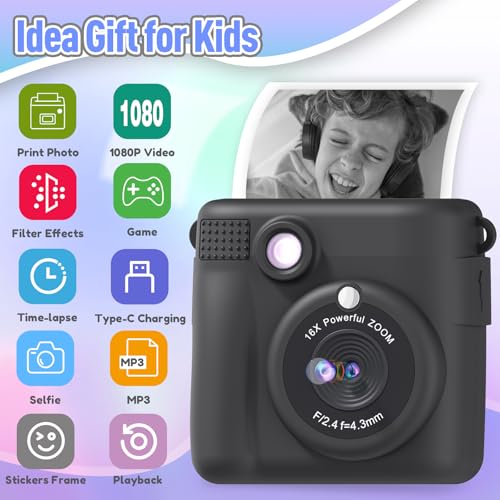 ESOXOFFORE Kids Camera Instant Print, Christmas Birthday Gifts for Kids Age 3-12, Selfie Digital Camera with 1080P Videos,Toddler Portable Travel Cameras Toy for 4 5 6 7 8 9 Year Old Boys Black - Image 2