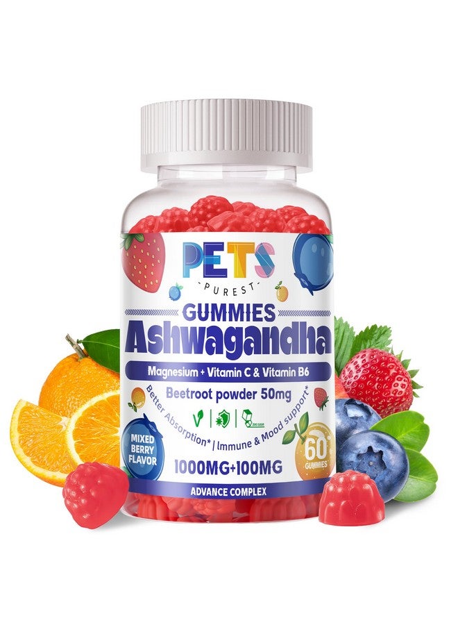 Pets Purest Ashwagandha Gummies & Vitamin D3 Gummies 60 Count - Organic Aswangdha Supplement for Improve Sleep, Stress Relief & Mood Calm(Mixed Berry, Vegan, Plant Based,Gluten-Free & Gelatin Free)-1pack - Image 1