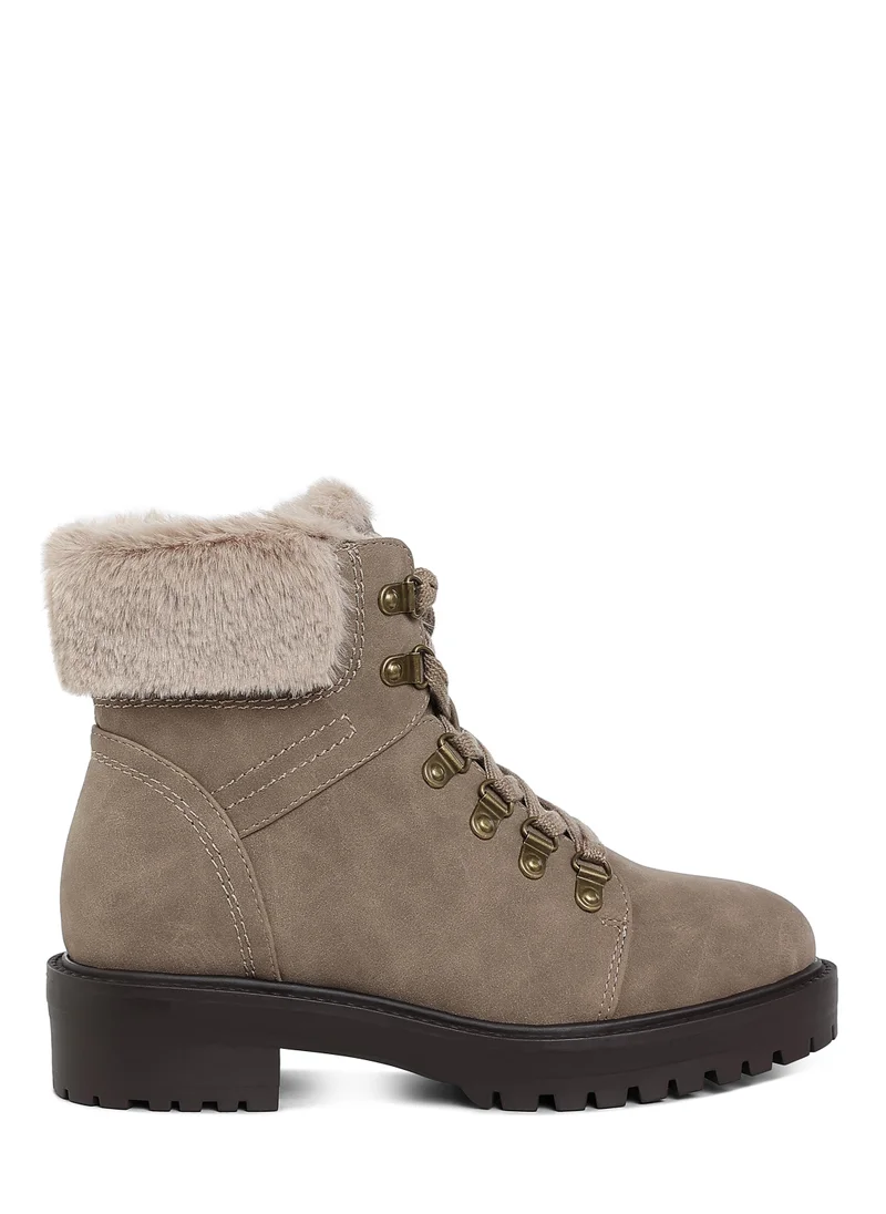 London Rag Faux Fur Collar Ankle Boots in Taupe