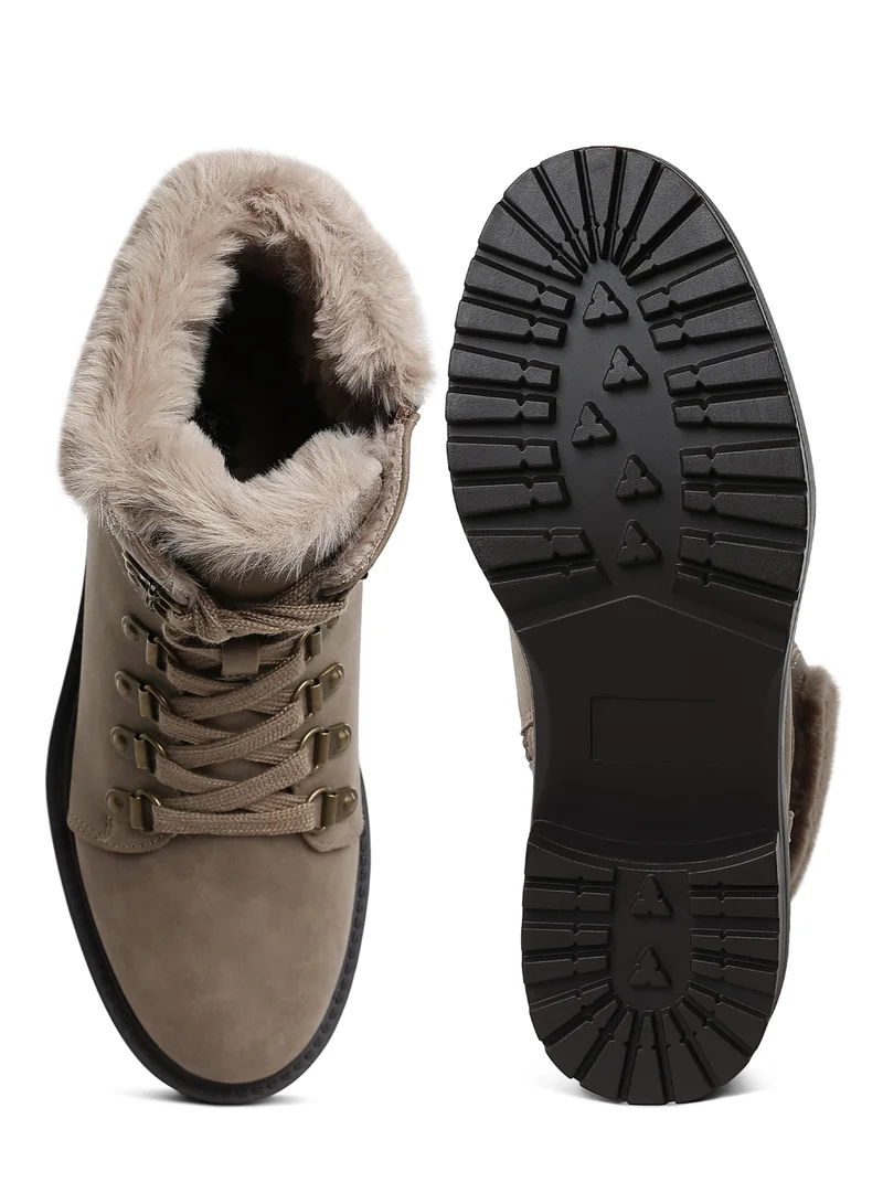 London Rag Faux Fur Collar Ankle Boots in Taupe