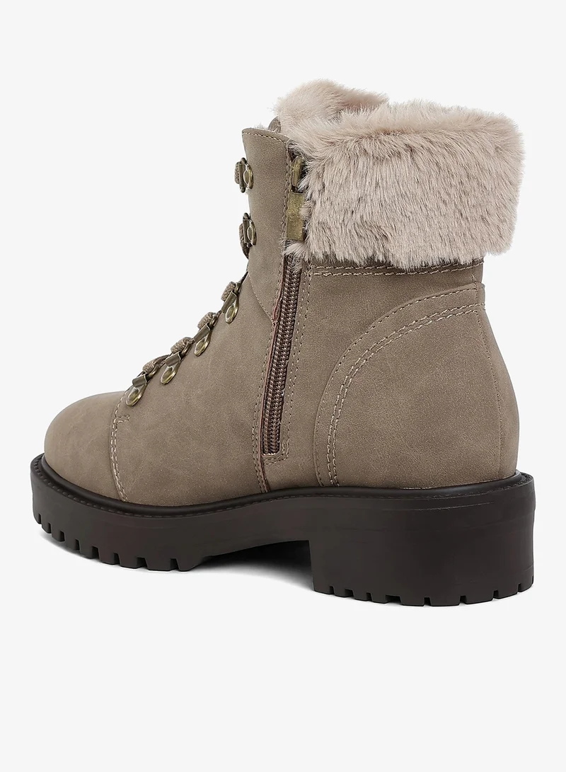 London Rag Faux Fur Collar Ankle Boots in Taupe