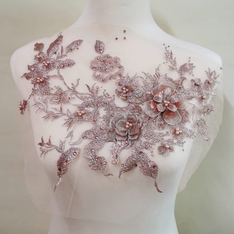 3D Embroidered Patches Nail Bead Tulle Applique Flower Patch for Clothing Wedding Dress Lace C Fabric DIY Decoration Golden