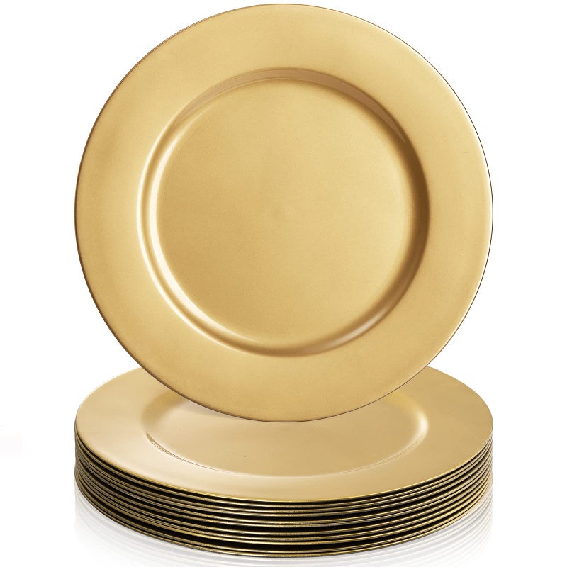 ZEAYEA 12 Pack Gold Charger Plates 13 Inch Plastic Round Dinner Charger Plates for Wedding Party Elegant Tabletop Decor