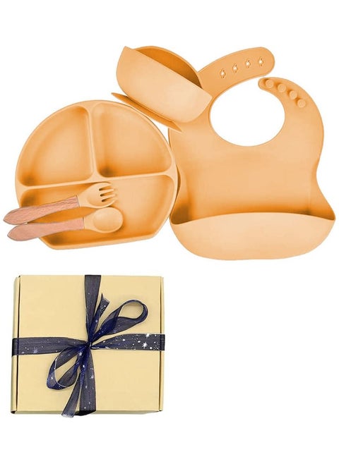 5 Pcs Silicone Baby Feeding Set With Gift Box - Toddler Divider Plate & Bowl with Suction, Adjustable Silicone Bib - Tableware Set - Orange