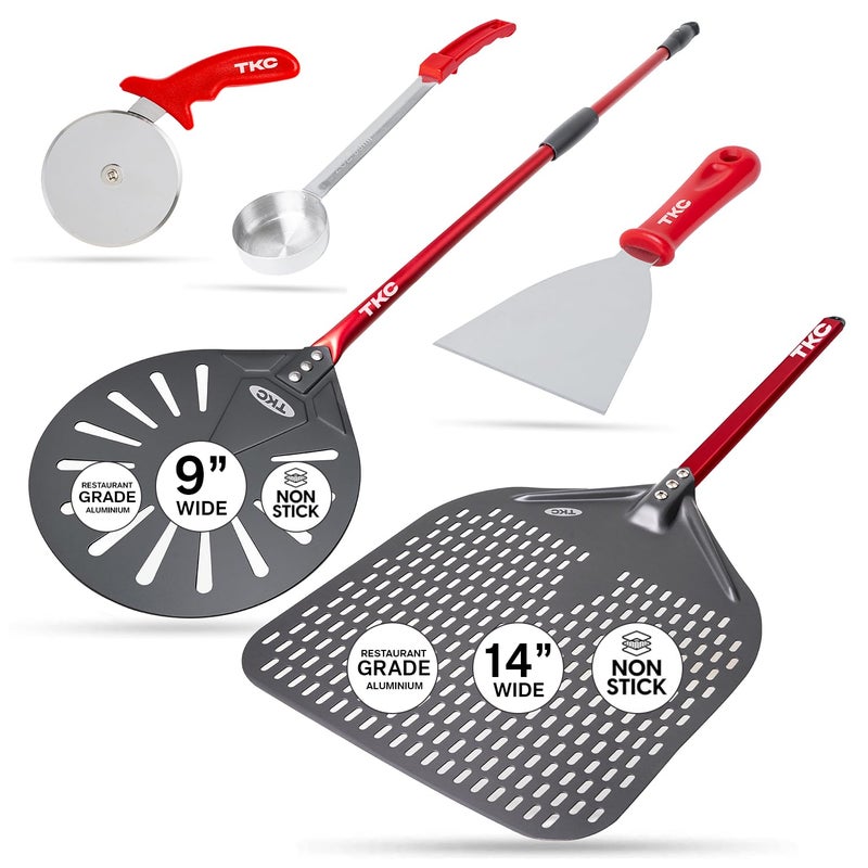 TKC Perforated Pizza Peel Bundle with 14 Inch XL Peel and 9 inch Pizza Turning Peel Ultimate Set with Dough Cutter Pizza Cutter Wheel and Sauce Ladle Commercial Grade Pizza Spatula