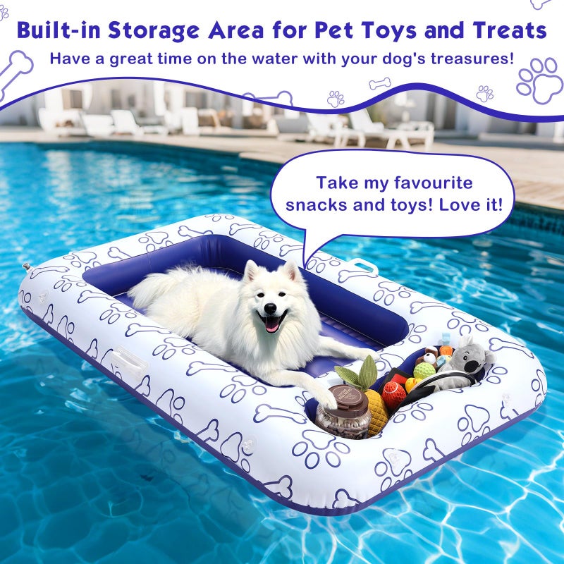 MoKo Dog Pool Float, 59 x 35 Inch Pool Floats for Small, Medium and Large Dogs, Floating Bed with Built-in Storage Area for Pet Toys and Food, Inflatable Dog Pool Float for Lake Camp, Blue Bone Claw - Image 4