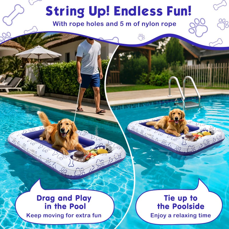 MoKo Dog Pool Float, 59 x 35 Inch Pool Floats for Small, Medium and Large Dogs, Floating Bed with Built-in Storage Area for Pet Toys and Food, Inflatable Dog Pool Float for Lake Camp, Blue Bone Claw - Image 5