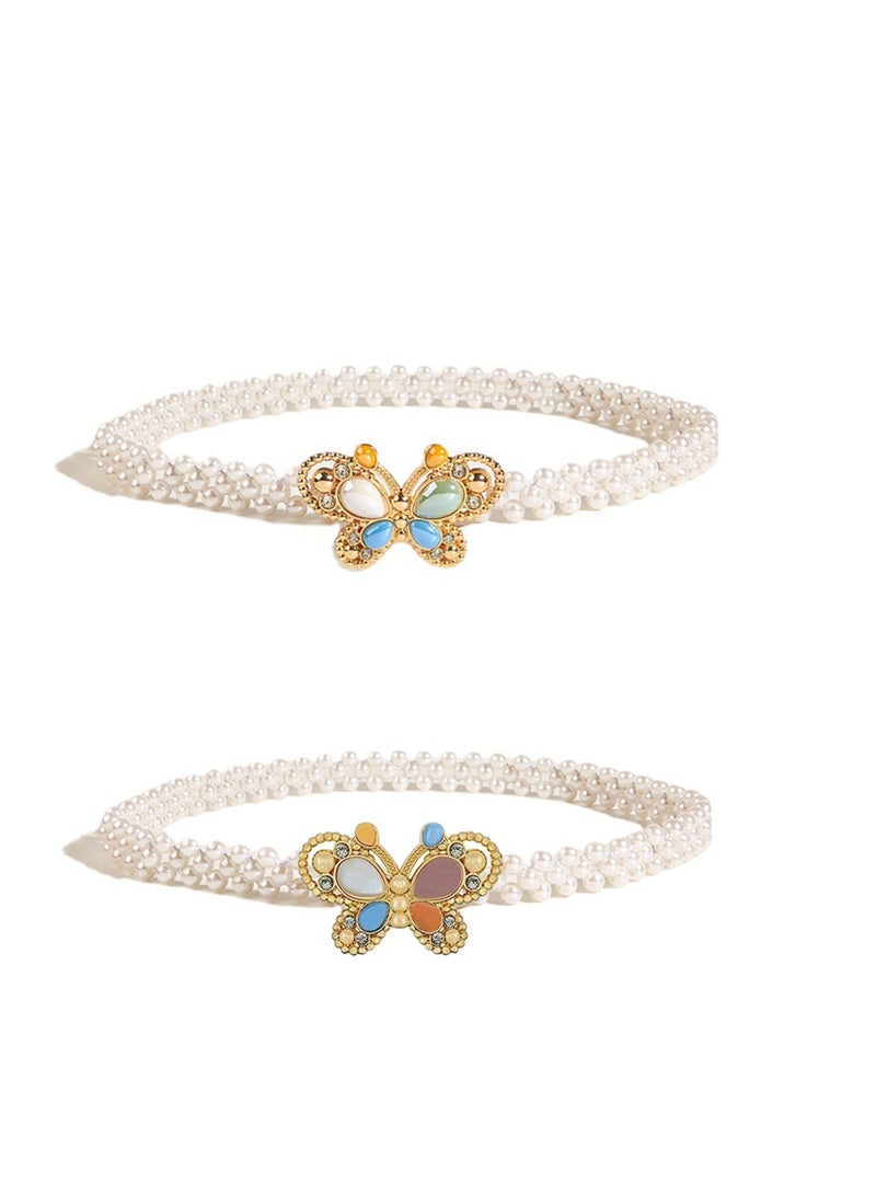 Pearl Rhinestone Waist Belt for Women - Stylish Metal Buckle Skinny Waistband - Girls  Dresses Accessory - 2cm Wide Waistband Random Color 2PCS - Image 1