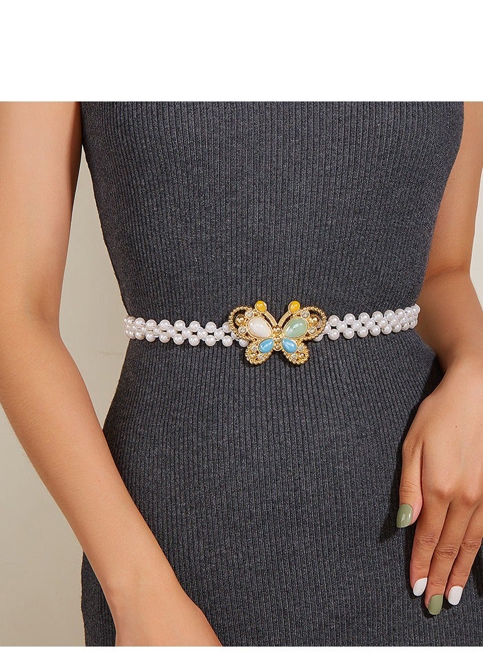 Pearl Rhinestone Waist Belt for Women - Stylish Metal Buckle Skinny Waistband - Girls  Dresses Accessory - 2cm Wide Waistband Random Color 2PCS - Image 2