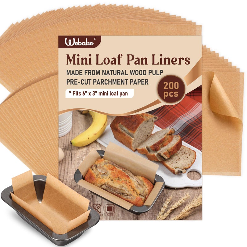 Webake 200Pcs Unbleached Parchment Paper Mini Loaf Pan Liners for 6x3 Small Banana Bread Pan, Original Precut, Non Toxic Baking Paper - Image 1