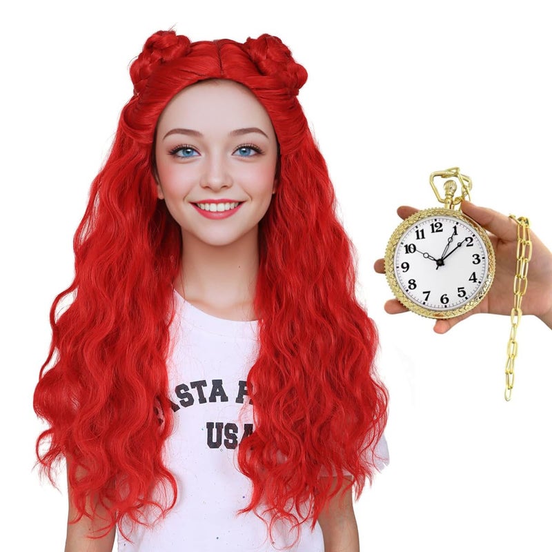 ColorGround Long Cosplay Wig for Women Red with Pocket Watch