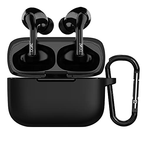 Sounce Earphone Case Cover Compatible with Boat Airdopes 163 / Airdopes 161, Soft Silicone Skin Case Cover Shock-Absorbing Protective Case with Keychain [Front LED Visible] – (Black) - Image 1