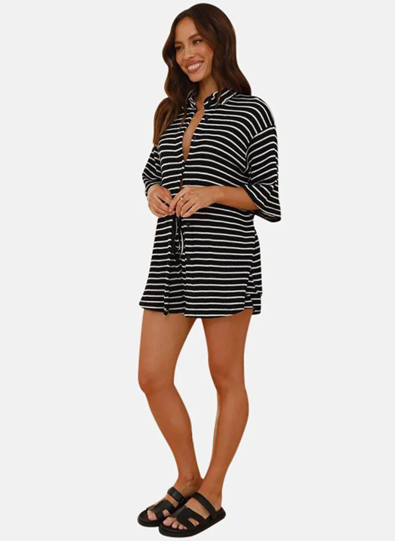 يونيكي Black Striped T-Shirt And Shorts