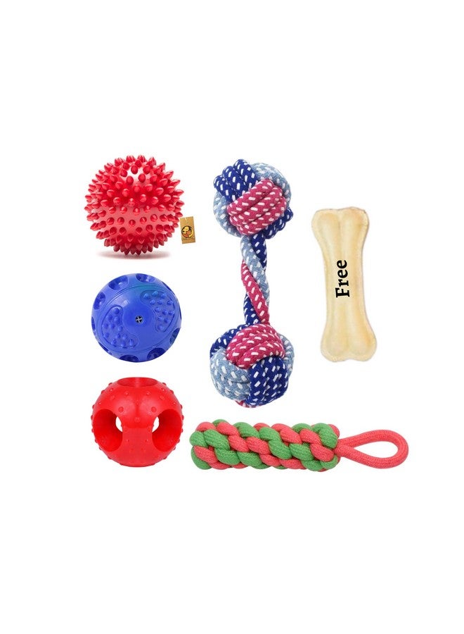 مجموعة كرات المضغ والحبل لتحفيز التسنين للكلاب الصغيرة والمتوسطة الحجم (عبوة 6 في 1 وكرات مضغ واحدة مقاس 3 بوصات خالية من العظام) (مجموعة من 6) | (قد يختلف اللون) - Image 1