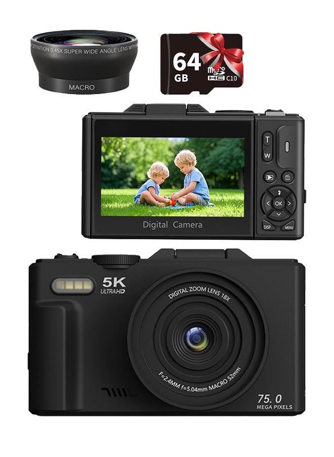 Generic 5K Digital Camera, 75MP Cameras Digital for Photography, 18X Zoom Point and Shoot Camara Vlogging for YouTube with 3" 180° Flip Screen, Digital Camera for Beginner Gift  - Image 1