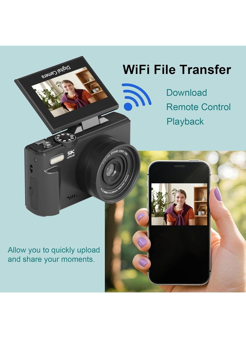 Generic - 5K Digital Camera, 75MP Cameras Digital for Photography, 18X Zoom Point and Shoot Camara Vlogging for YouTube with 3" 180° Flip Screen, Digital Camera for Beginner Gift - Image 1