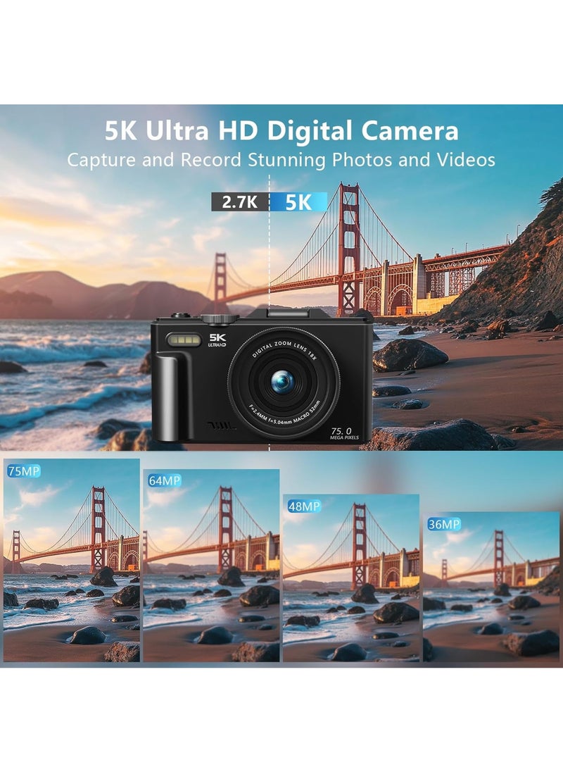 Generic - 5K Digital Camera, 75MP Cameras Digital for Photography, 18X Zoom Point and Shoot Camara Vlogging for YouTube with 3" 180° Flip Screen, Digital Camera for Beginner Gift - Image 1