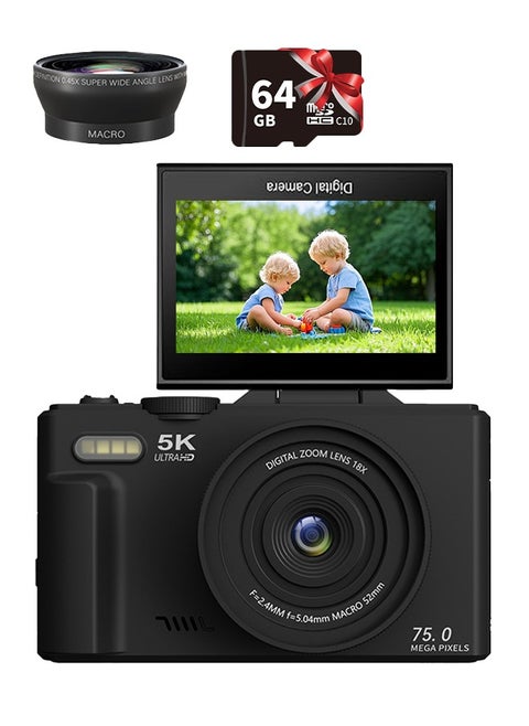 5K Digital Camera, 75MP Cameras Digital for Photography, 18X Zoom Point and Shoot Camara Vlogging for YouTube with 3" 180° Flip Screen, Digital Camera for Beginner Gift