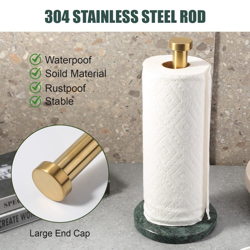 Koville Paper Towel Holder Countertop, Standing Paper Roll Holder with 6" Weighted Marble Base, Stone Paper Towel Holder with Gold Stainless Steel Rod for Kitchen Bathroom (Green) - Image 3
