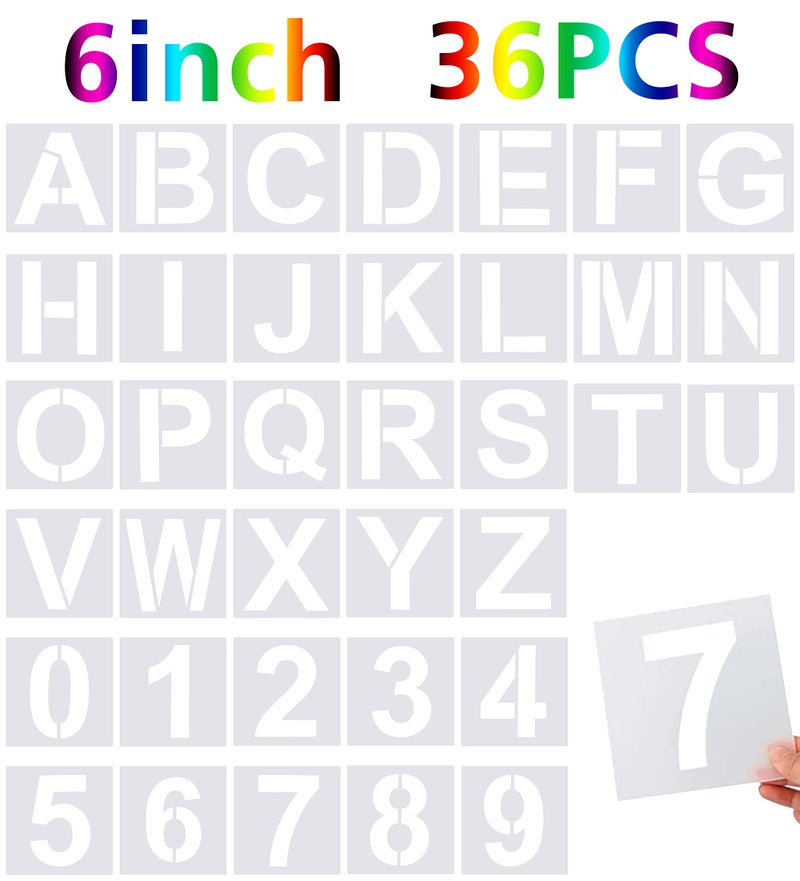 FEBSNOW 36 Pcs Reusable Large Alphabet Letter Stencils and Number Stencils for Painting on Wood Wall Fabric Rock Chalkboard DIY School Art Projects Glass 6 Inches 