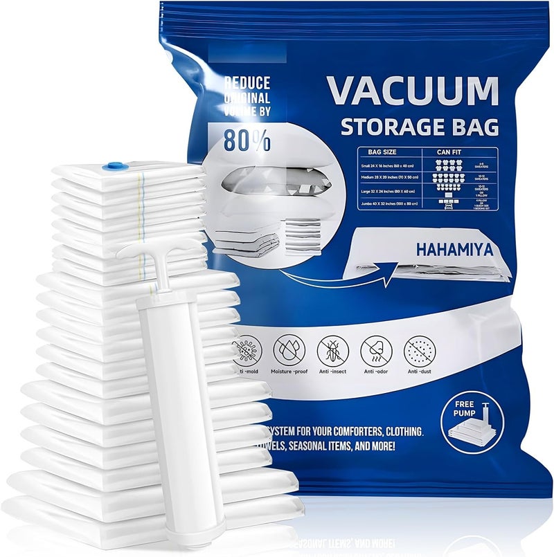 Hahamiya Vacuum Storage Bags 20Pack (2 Jumbo/4 Large/6 Medium/8 Small), Reusable Space Saver Compression Storage Bags with Hand Pump,Travel Vacuum Seal Bags for Clothes,Blankets,Pillows,Duvet - Image 1