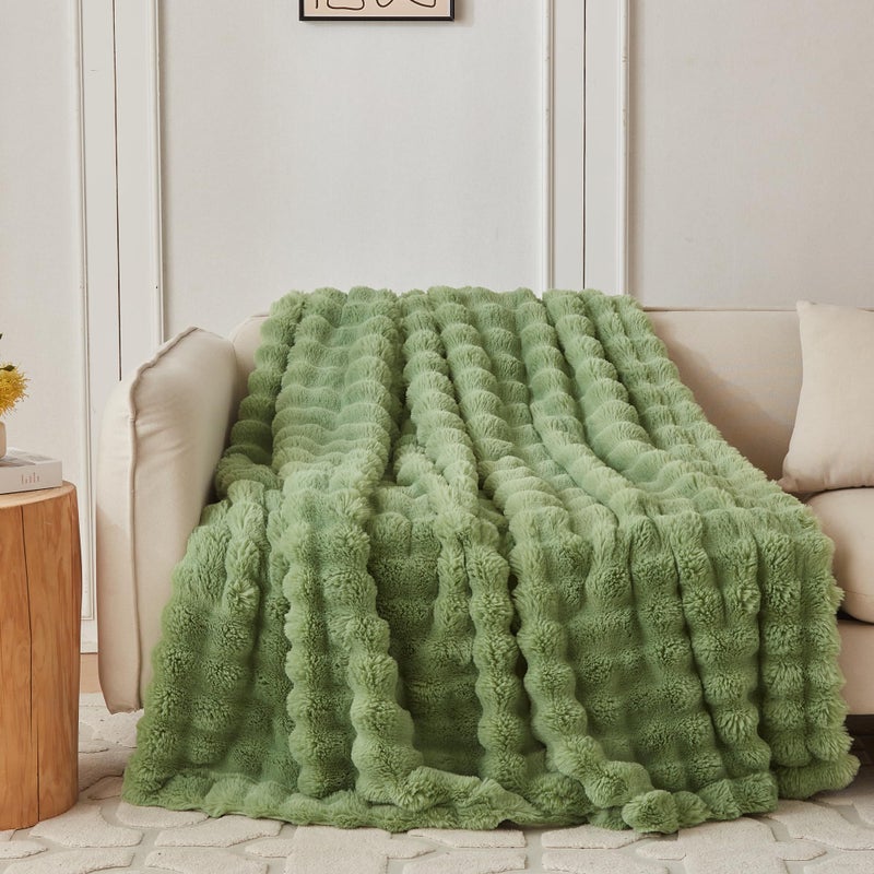 COOVA Faux Rabbit Fur & Flannel Throw Blanket 50x60 Inch - Luxury Fuzzy & Cozy Soft Blanket for All Seasons  Breathable and Comfortable for Bed  Sofa  Couch  and Camping Light Green - Image 1