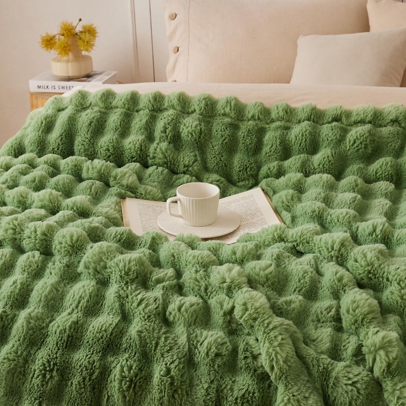 COOVA Faux Rabbit Fur & Flannel Throw Blanket 50x60 Inch - Luxury Fuzzy & Cozy Soft Blanket for All Seasons  Breathable and Comfortable for Bed  Sofa  Couch  and Camping Light Green - Image 2