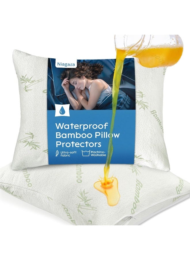 2 Pack Waterproof Bamboo Pillow Protectors Standard 20x26 Inches  - Image 1