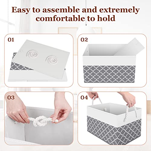 Fab totes صناديق تخزين فاب توت [3-pack]، سلال تخزين قابلة للطي لتنظيم الألعاب، الكتب، الرفوف، الخزانة، صندوق تخزين كبير بمقابض حبل، صناديق تنظيم متينة، رمادي كلوفر - Image 4