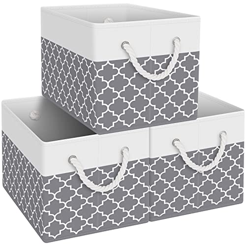 Fab totes صناديق تخزين فاب توت [3-pack]، سلال تخزين قابلة للطي لتنظيم الألعاب، الكتب، الرفوف، الخزانة، صندوق تخزين كبير بمقابض حبل، صناديق تنظيم متينة، رمادي كلوفر - Image 1