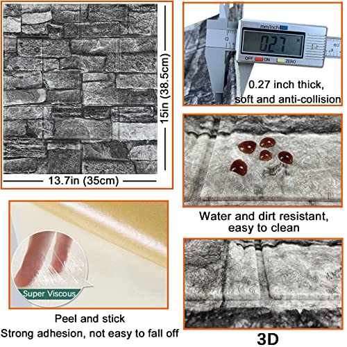 YLL YLL 20PCS 3D Wall Panels Peel and Stick 3D Brick Wallpaper Peel and Stick Faux Stone Wall Panel Foam Brick Self-Adhesive Wallpaper (Black 20pcs) - Image 5