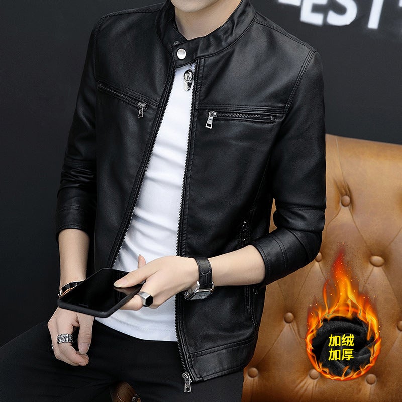 Men'S Leather Jacket Korean Style Slim-Fit Trendy Men'S Youth Handsome Casual Collar Leather Jacket With Fleece - Image 1