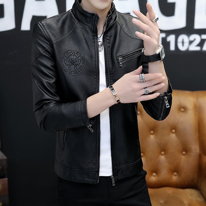Men'S Leather Jacket Korean Style Slim-Fit Trendy Men'S Youth Handsome Casual Collar Leather Jacket With Fleece - Image 2