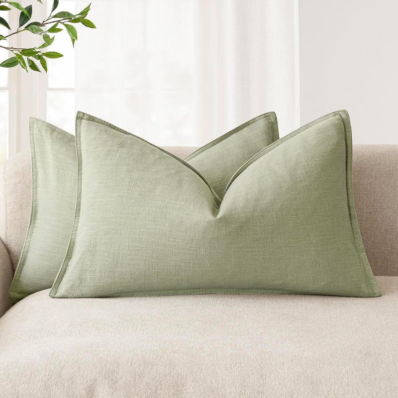 Foindtower Pack of 2, Decorative Linen Solid Throw Pillow Covers Accent Lumbar Cushion Case Boho Farmhouse Pillowcase for Chair Couch Sofa Bedroom Living Room Home Decor 12x20 Inch Light Sage Green - Image 1